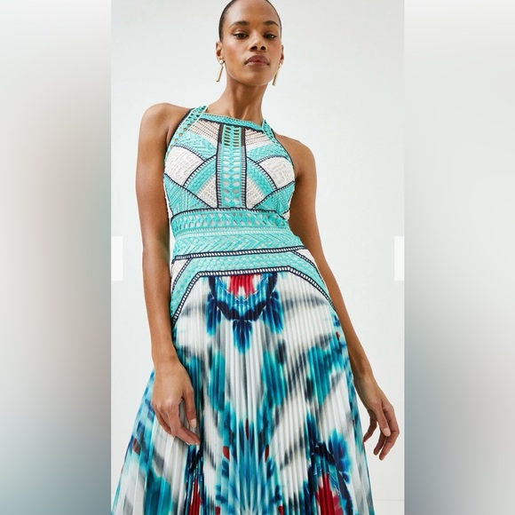 KAREN MILLEN GEO GUIPURE TIE DYE PLEATED DRESS - Picture 3 of 7